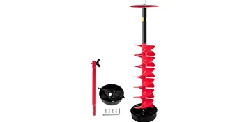 red and black VEVOR ice drill auger with detachable parts and screws on white background.