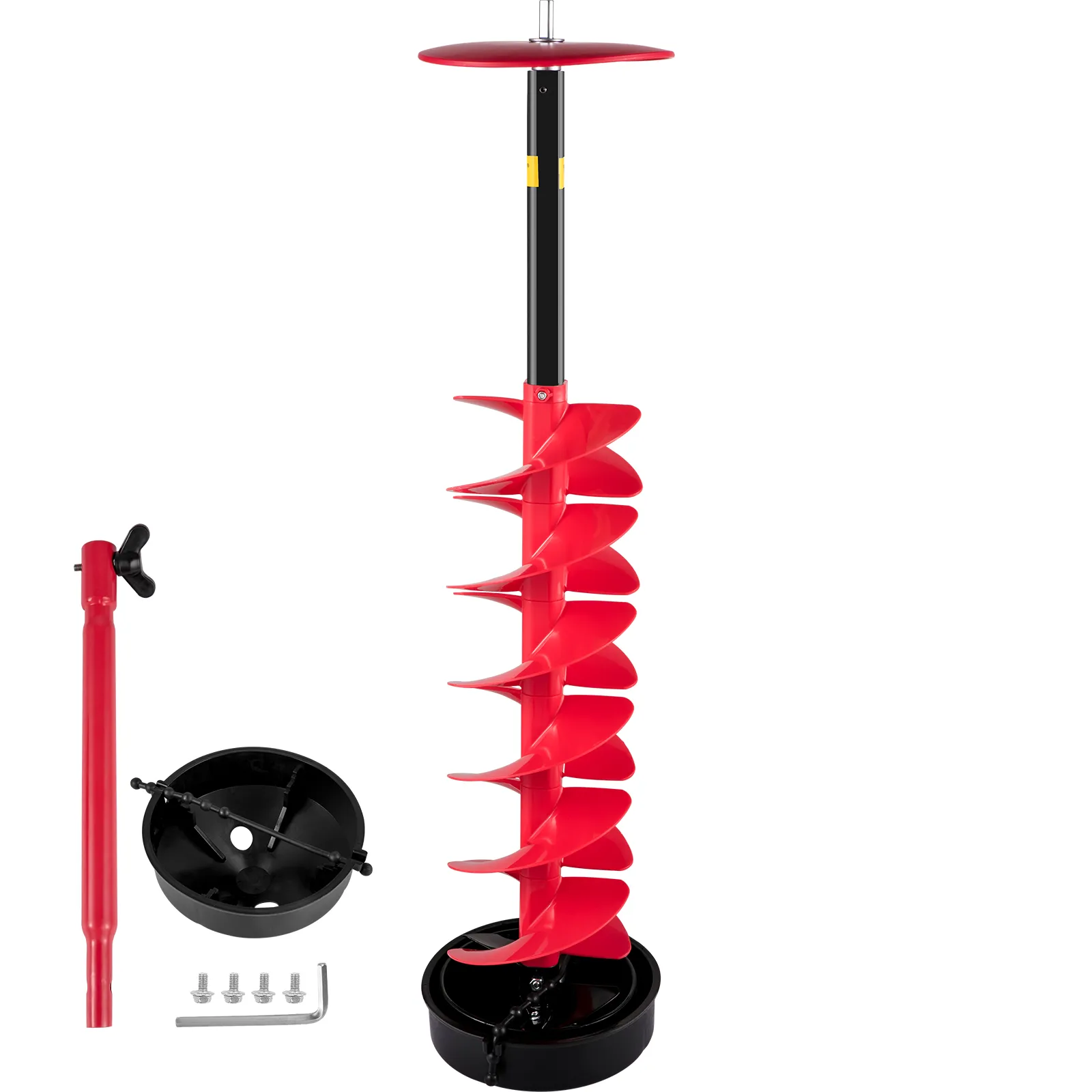 red VEVOR ice drill auger with additional parts including a handle and bolts.