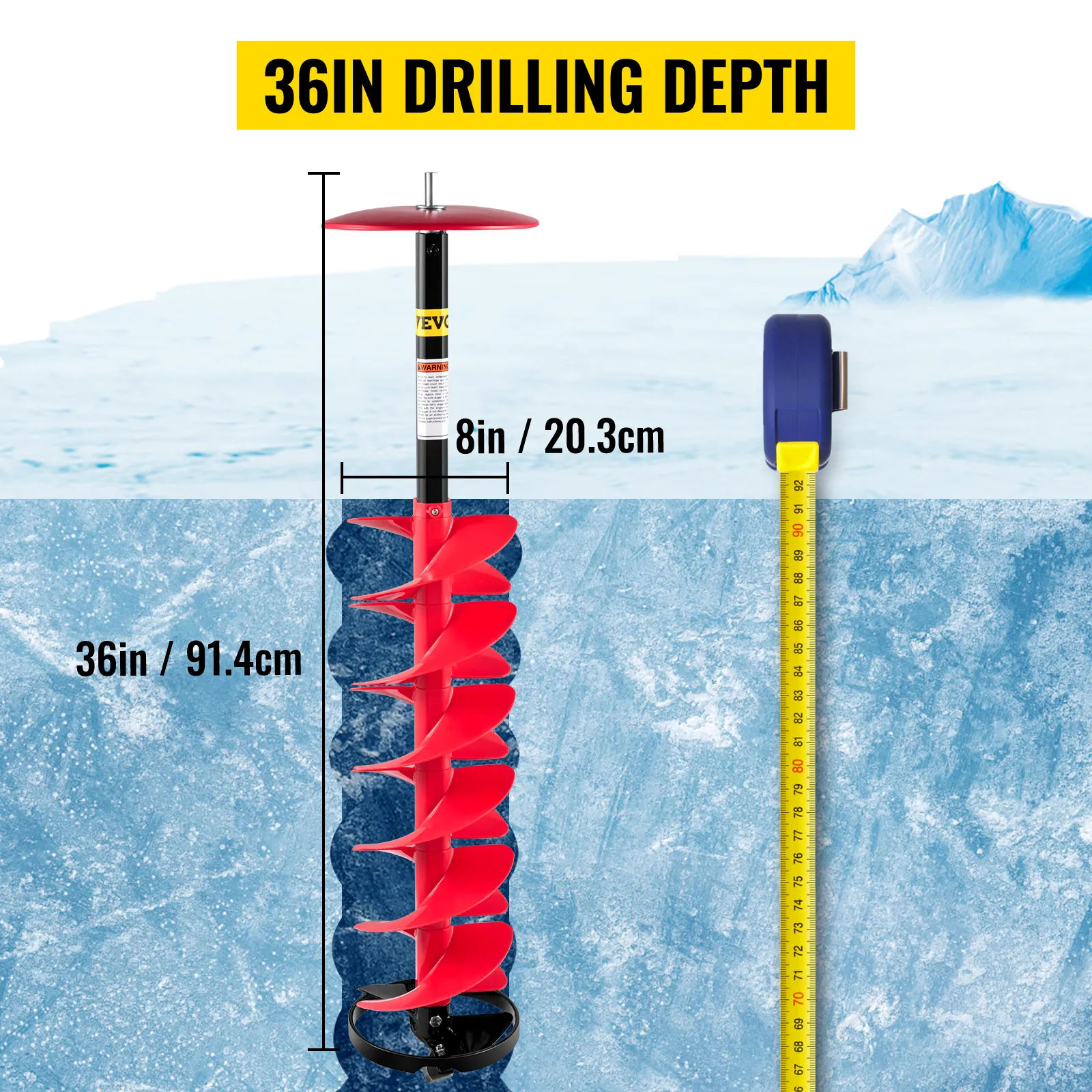 VEVOR ice drill auger with 36in drilling depth and 8in blade width in icy terrain.