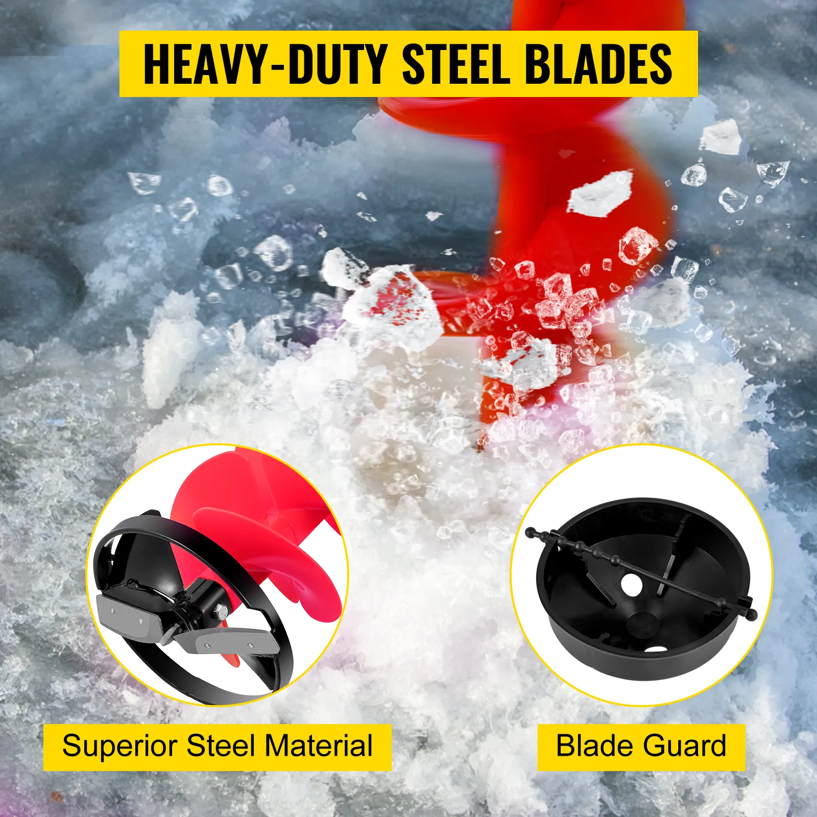 heavy-duty VEVOR ice drill auger with superior steel blades and protective guard.