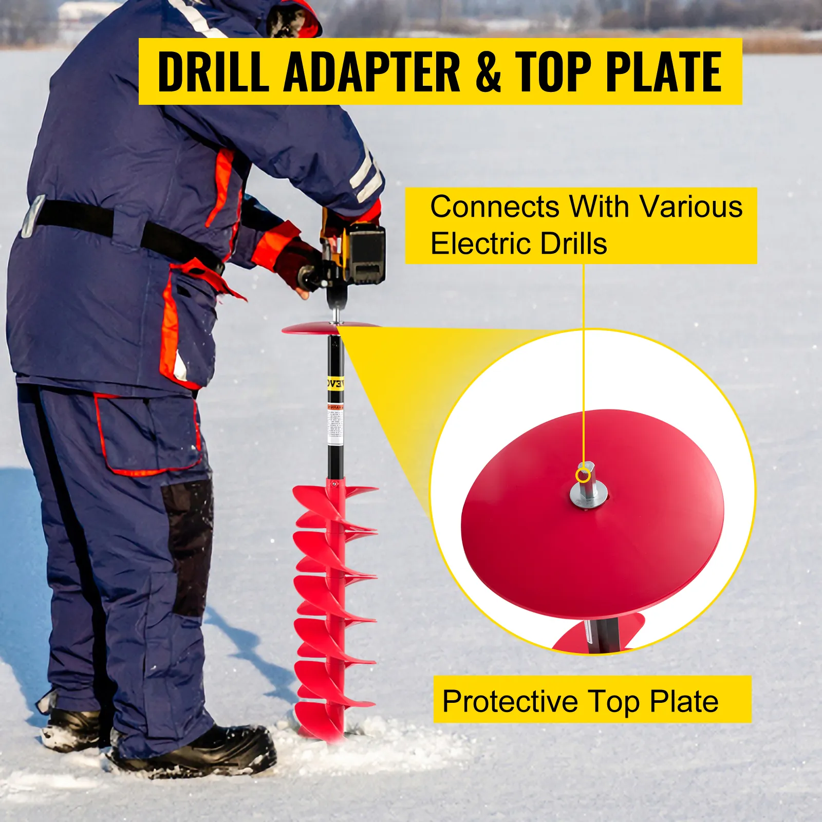 person using VEVOR ice drill auger with electric drill on snowy surface.