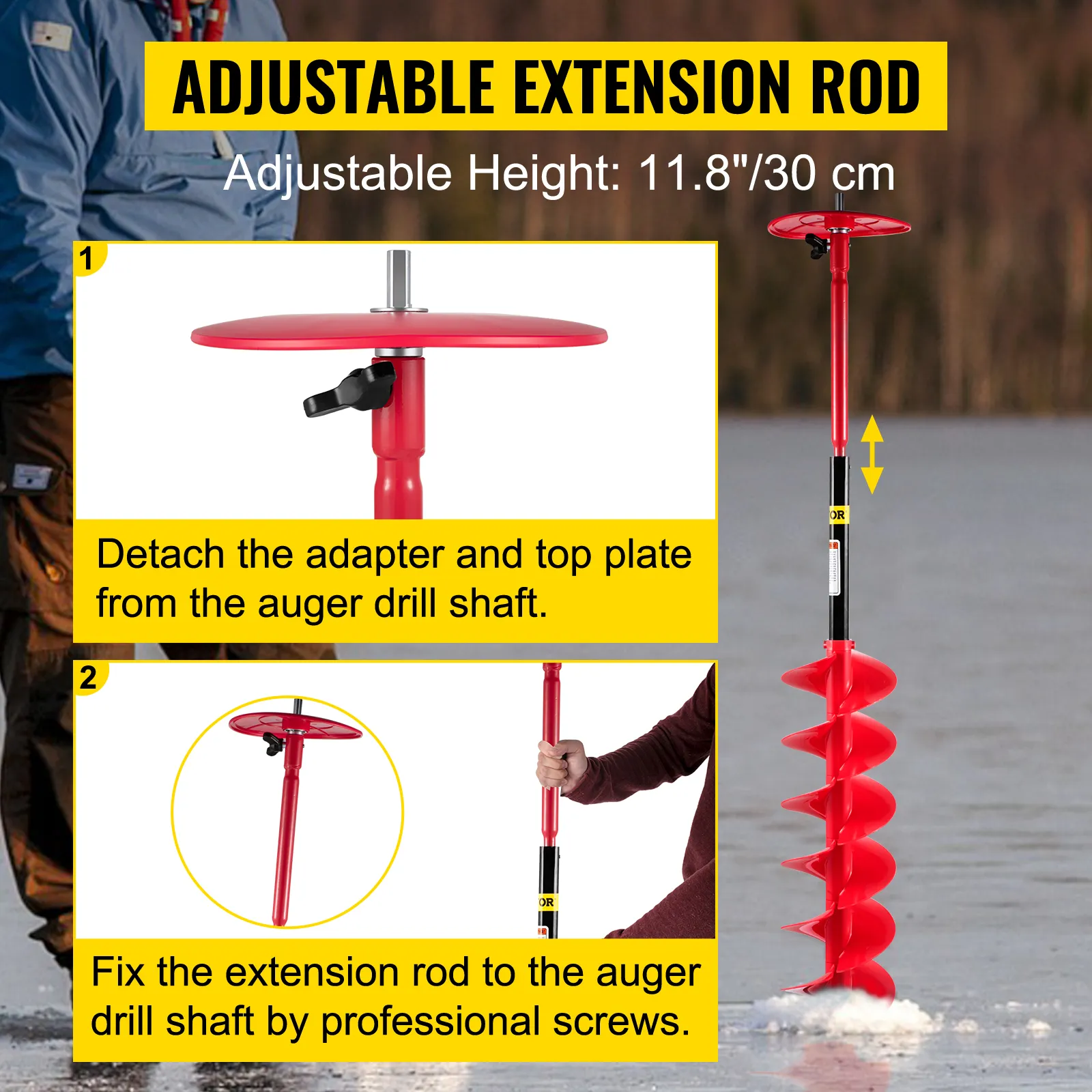 VEVOR ice drill auger with adjustable extension rod and screw for easy attachment.