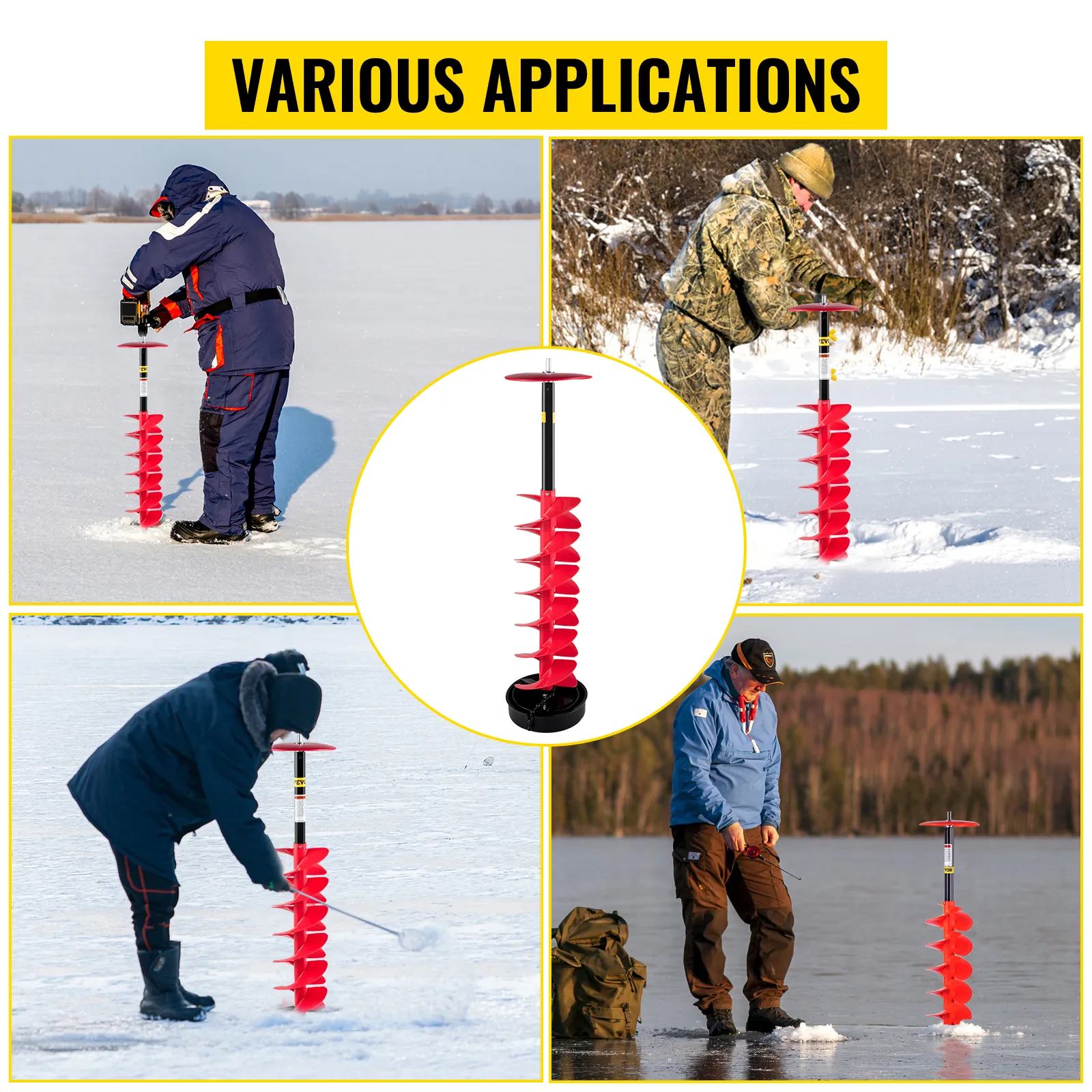 various applications of VEVOR ice drill auger showcased during ice fishing.