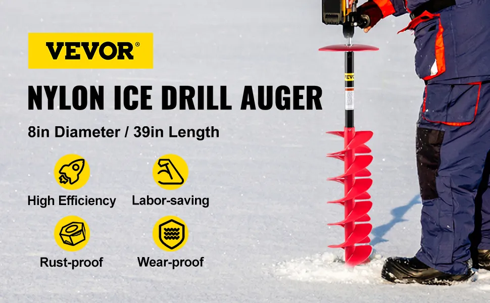 VEVOR ijsboor met een diameter van 8 inch en een lengte van 39 inch, met de belangrijkste kenmerken.