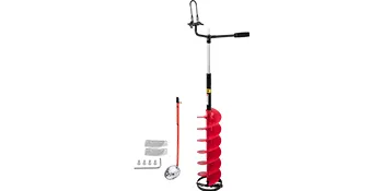 Rode VEVOR ijsboor met accessoires zoals handvat, schroeven en blad.