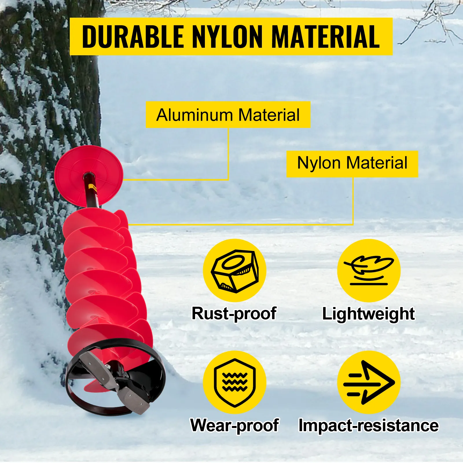 VEVOR ijsboormachine gemaakt van duurzaam nylon, roestvrij, lichtgewicht en slijtvast.
