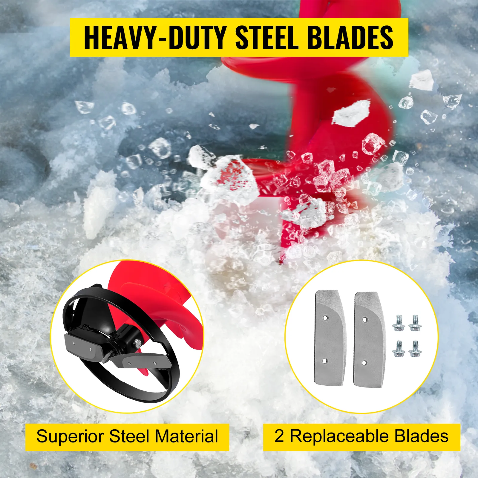 VEVOR ijsboor met robuuste stalen bladen en vervangbare onderdelen.