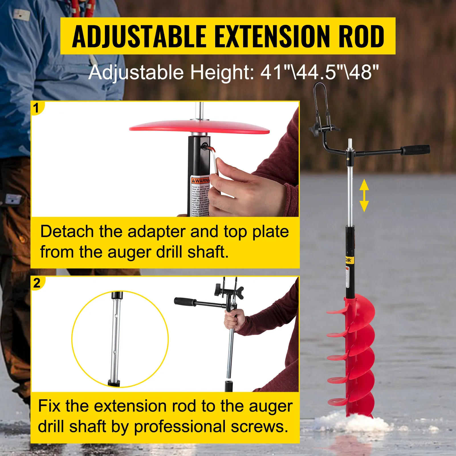Verstelbare verlengstang voor VEVOR ijsboormachine, met stappen voor het losmaken en bevestigen.