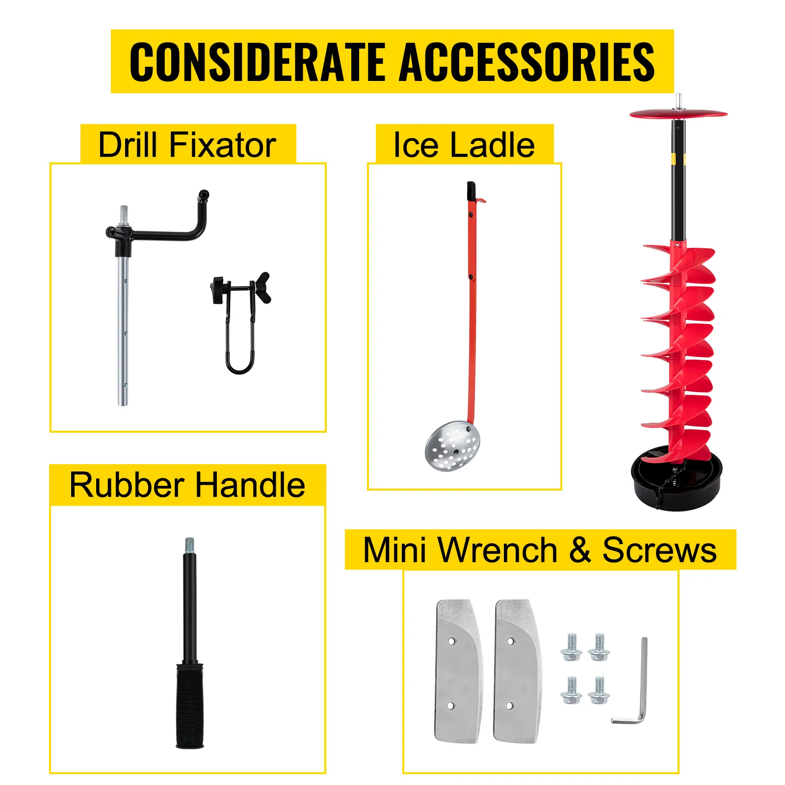 Accessoires voor VEVOR-ijsboor: boorhouder, ijslepel, rubberen handvat, minisleutel, schroeven.