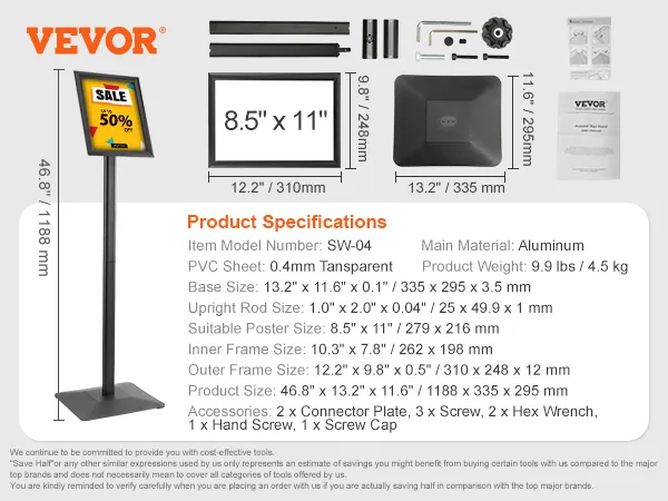 VEVOR pedestal sign holder with dimensions, aluminum material, and complete accessories.