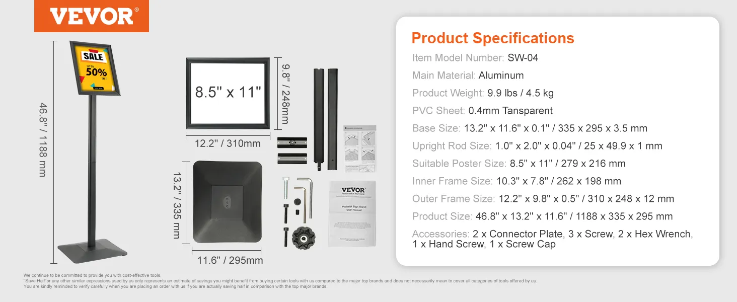 VEVOR pedestal sign holder with dimensions, aluminum material, and complete accessories.