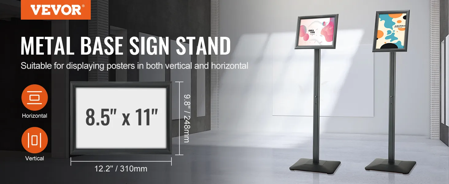 VEVOR pedestal sign holder with metal base displaying posters in vertical and horizontal positions.