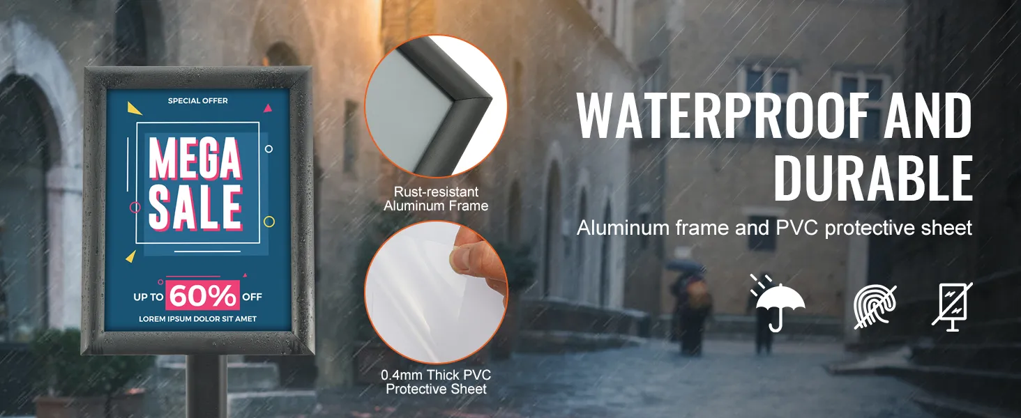 VEVOR pedestal sign holder: waterproof, durable aluminum frame, pvc sheet, mega sale up to 60% off.