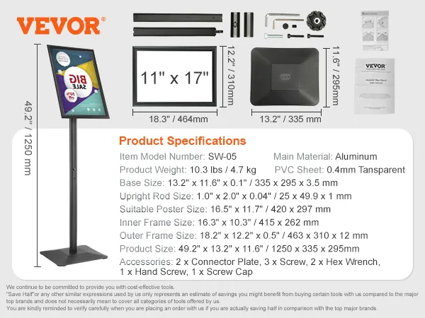 VEVOR pedestal sign holder with product specifications, aluminum material, and accessories.