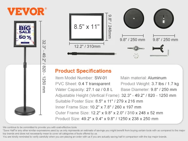 VEVOR pedestal sign holder with adjustable height, aluminum frame, and 8.5"x11" poster display.