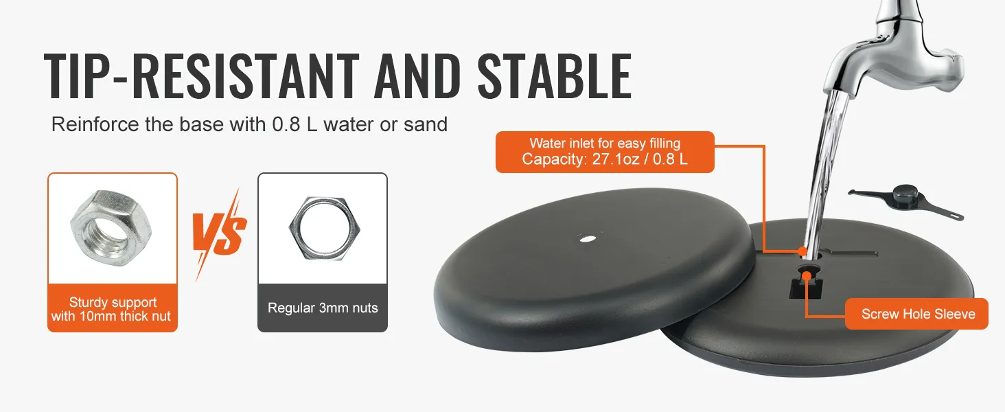 tip-resistant base for VEVOR pedestal sign holder with 0.8 l water/sand capacity, sturdy 10mm nut.