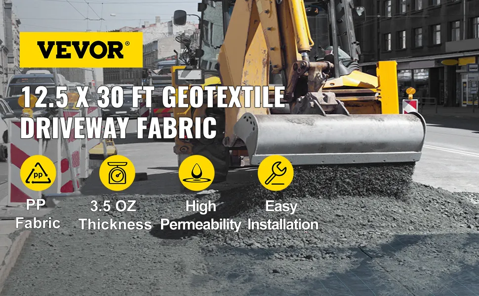 VEVOR geotextile fabric used in road construction with key features highlighted.
