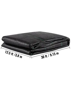 VEVOR geotextile fabric, black, folded, 12.5 ft x 30 ft dimensions shown.