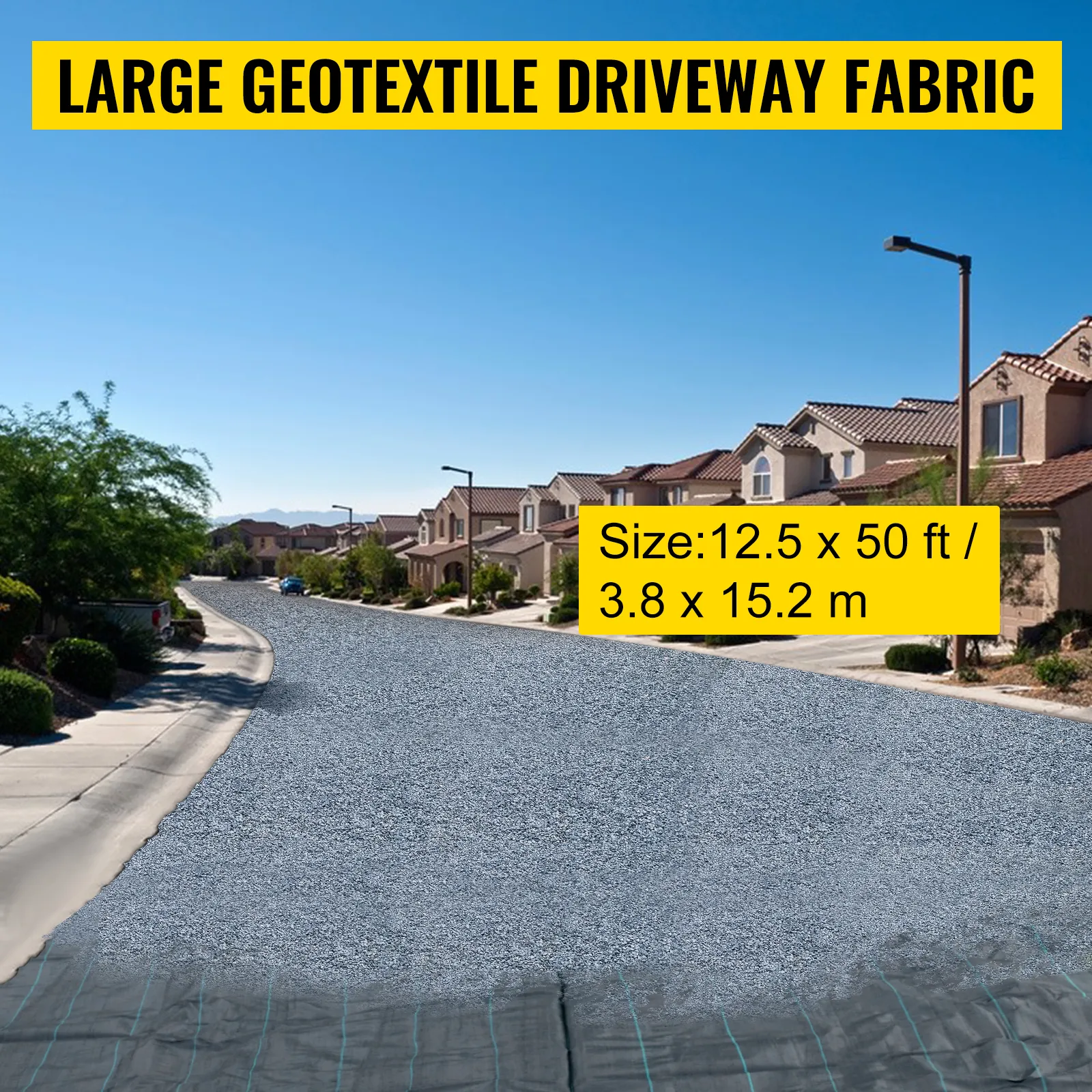 VEVOR geotextile fabric laid on residential street, size 12.5x50 ft (3.8x15.2 m).