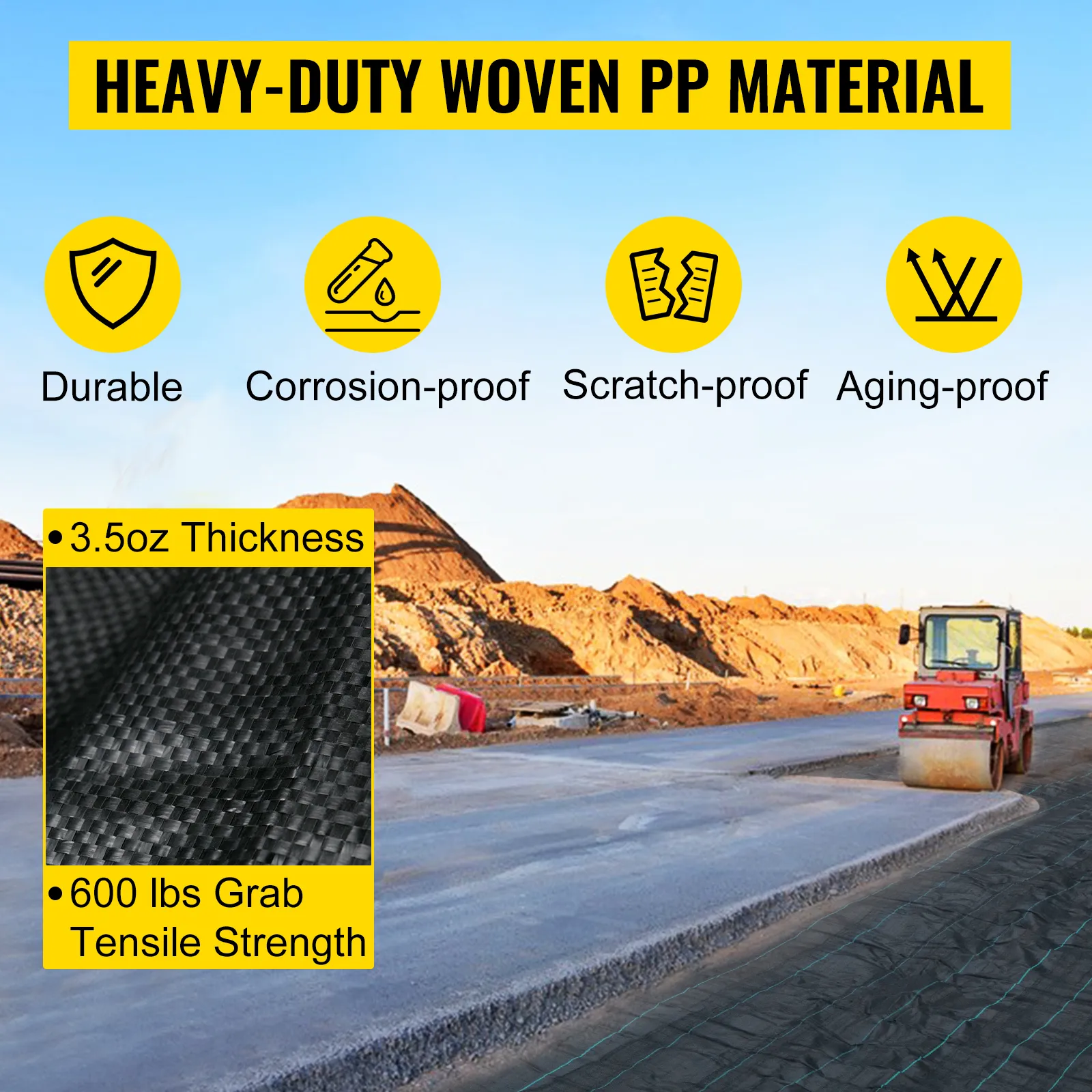 VEVOR geotextile fabric, heavy-duty woven pp, durable, corrosion-proof, 3.5oz thickness.