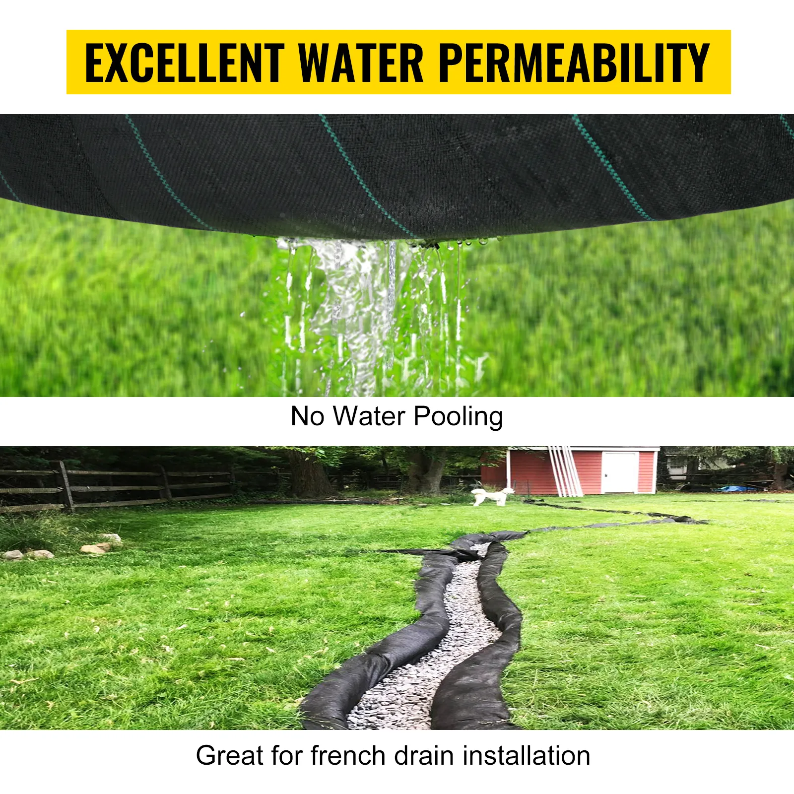 VEVOR geotextile fabric showcasing excellent water permeability, ideal for french drain installation.