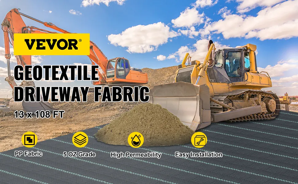 Lona para camino de entrada VEVOR con excavadora y bulldozer en un sitio de construcción, 13 x 108 pies.
