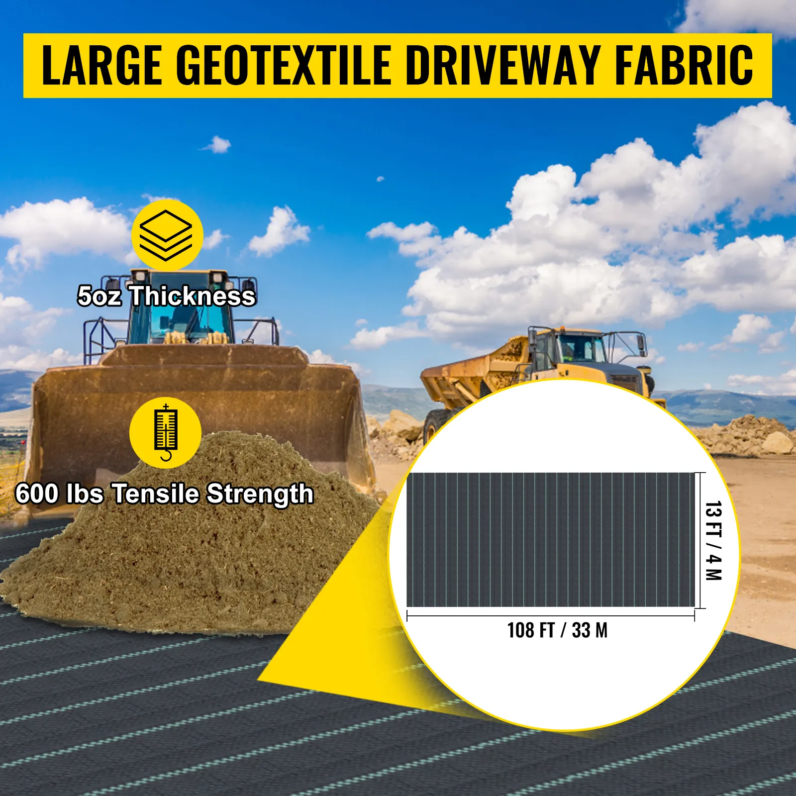 Tela para entrada de vehículos VEVOR: grosor de 5 oz, resistencia a la tracción de 600 lb, dimensiones de 108 x 13 pies.