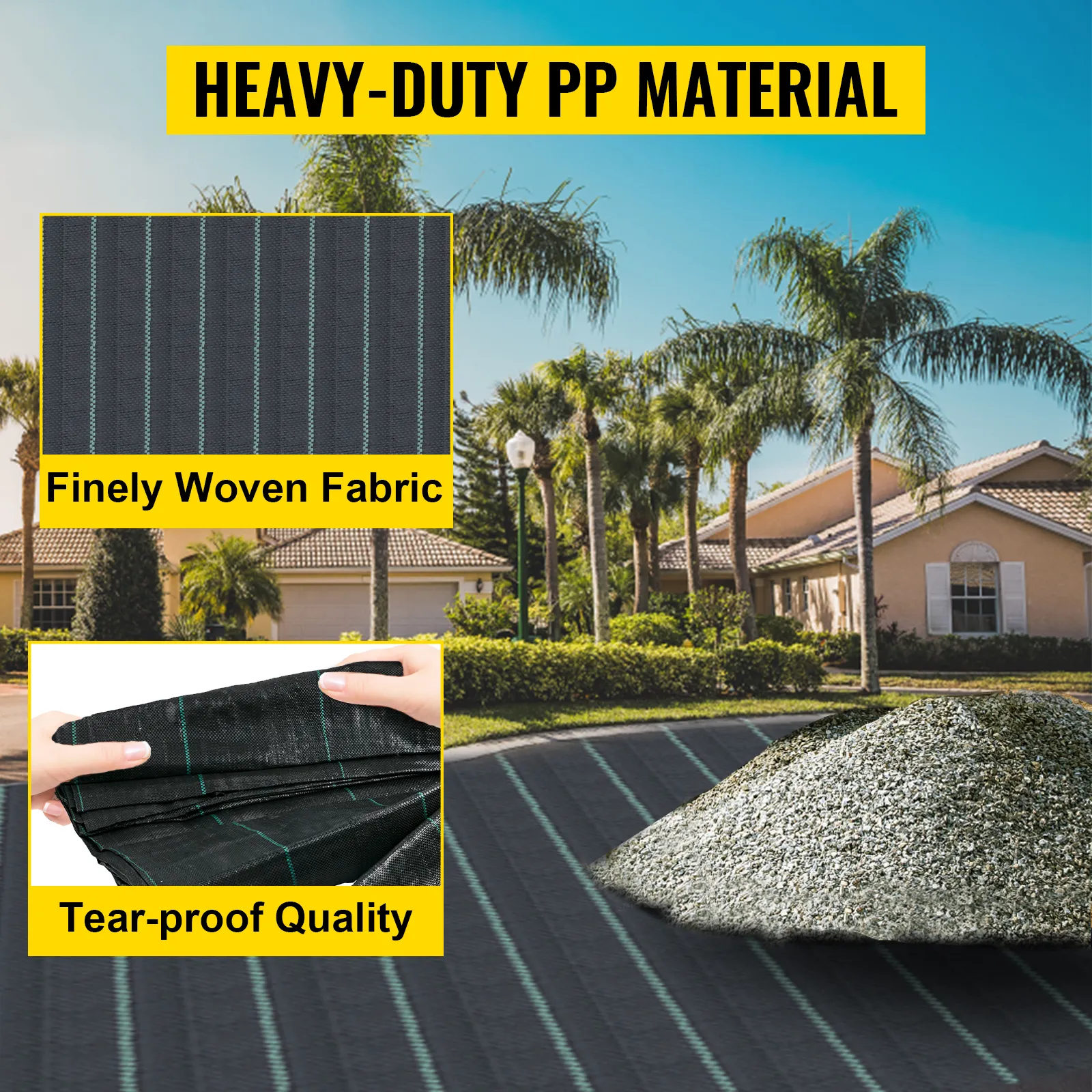Instalación de tela para camino de entrada VEVOR en camino de entrada suburbano con material finamente tejido y resistente al desgarro.
