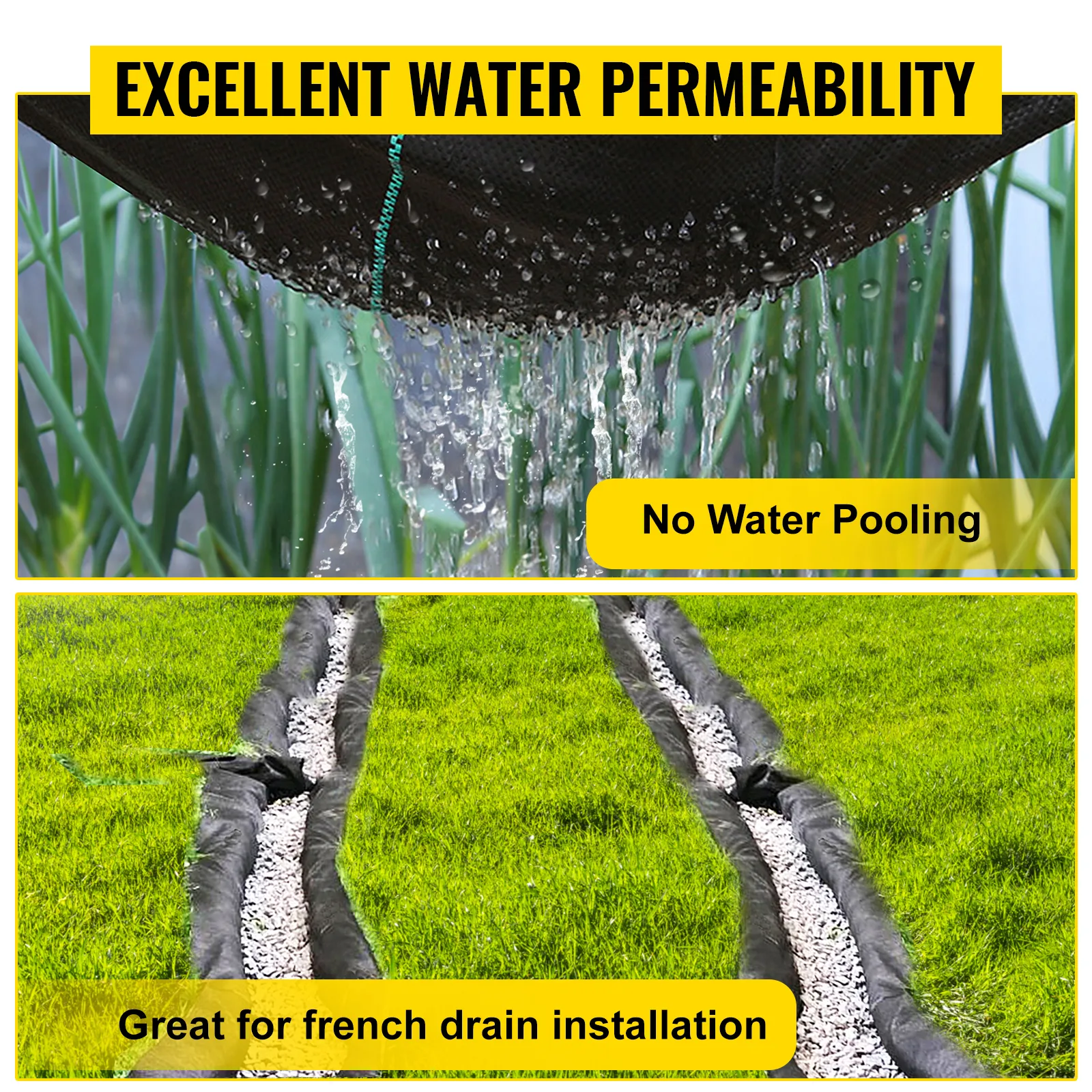 Tela para camino de acceso VEVOR con excelente permeabilidad al agua, sin acumulaciones, ideal para desagües.