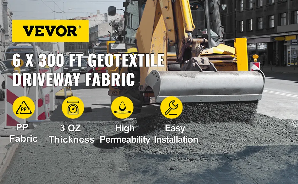 VEVOR geotextile fabric showcasing high permeability and easy installation for driveways.