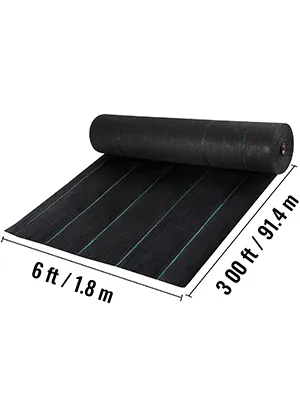 VEVOR geotextile fabric roll, 6 ft wide, 300 ft long, black with green stripes.