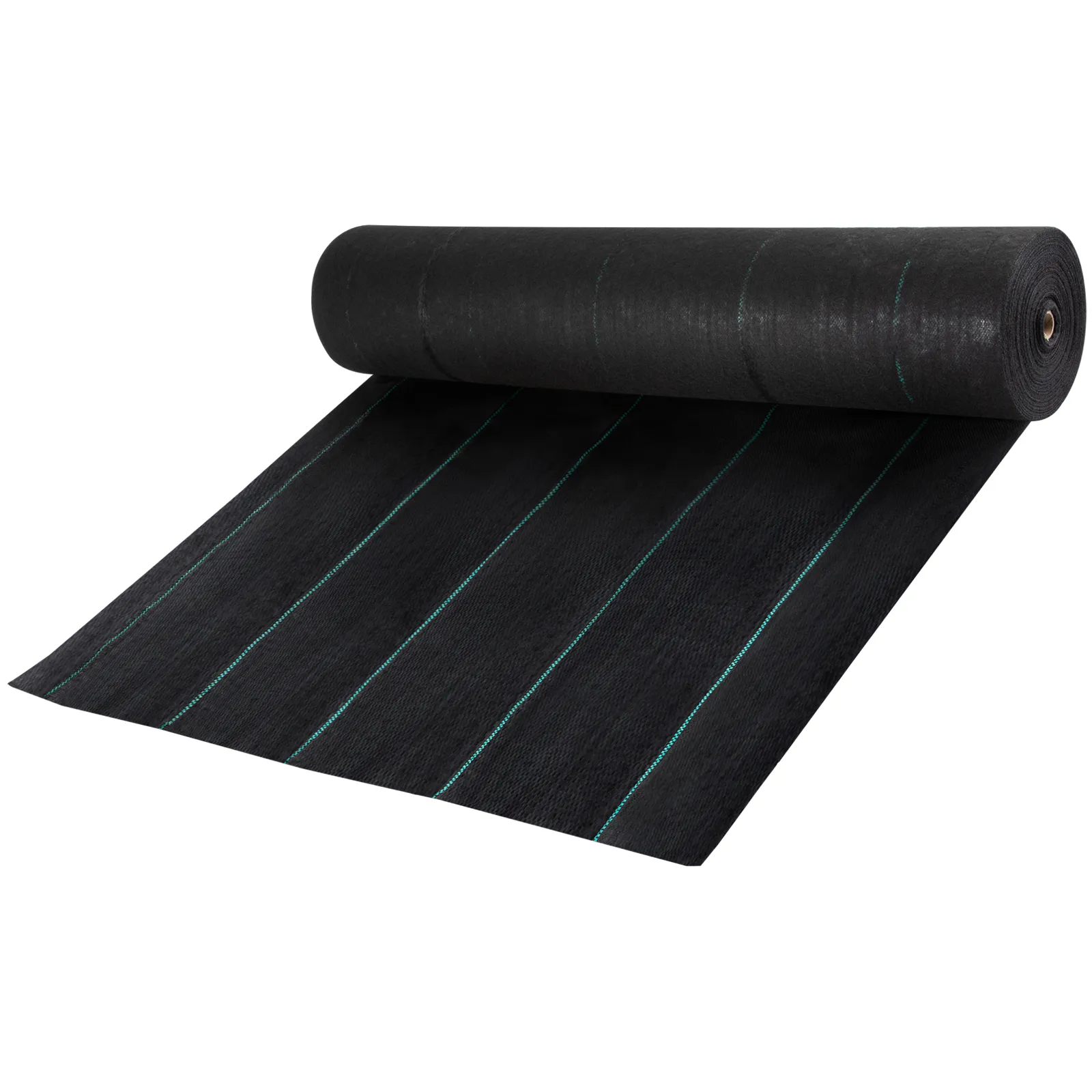 black VEVOR geotextile fabric roll with green lines, partially unrolled.