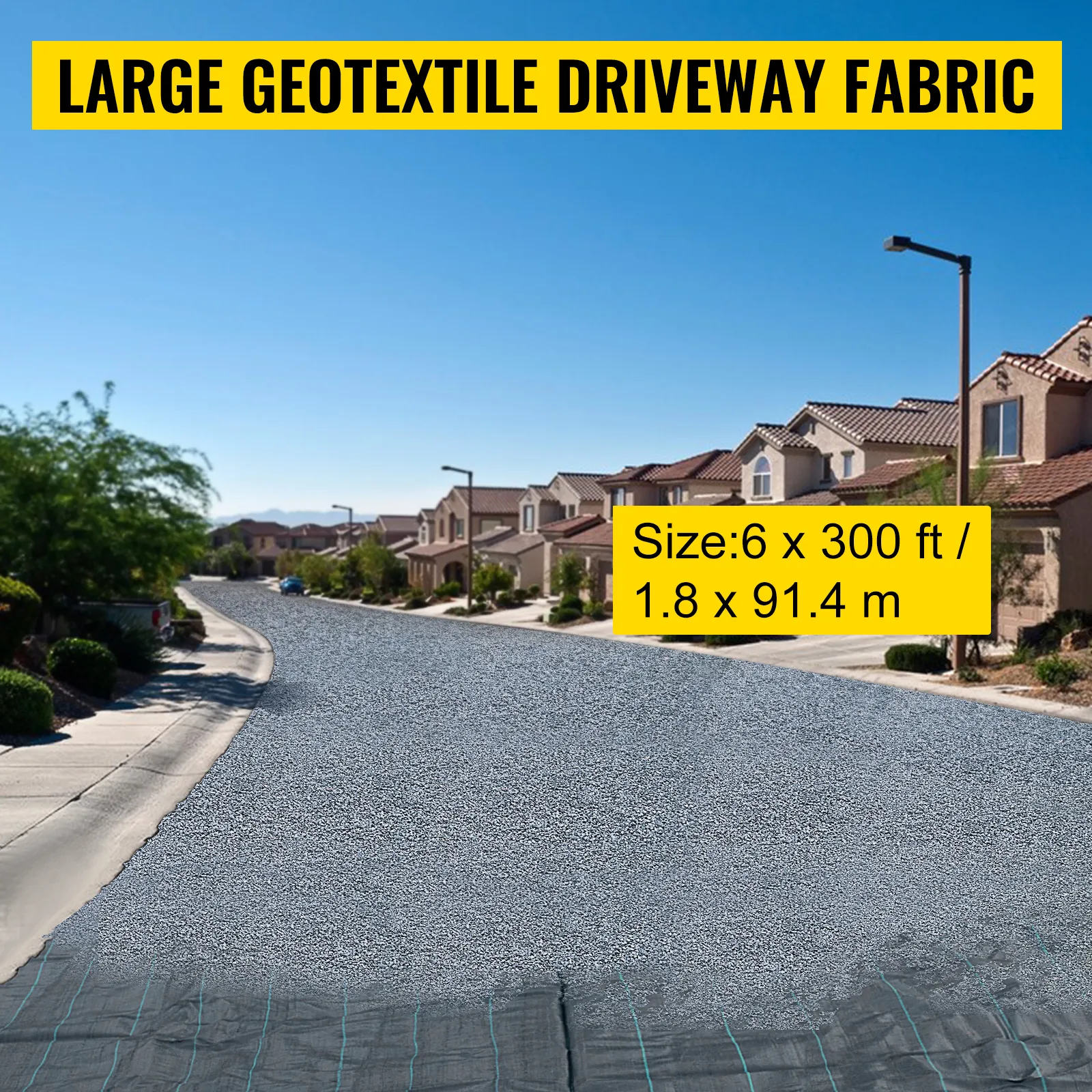 VEVOR geotextile fabric on suburban driveway, size 6 x 300 ft (1.8 x 91.4 m)