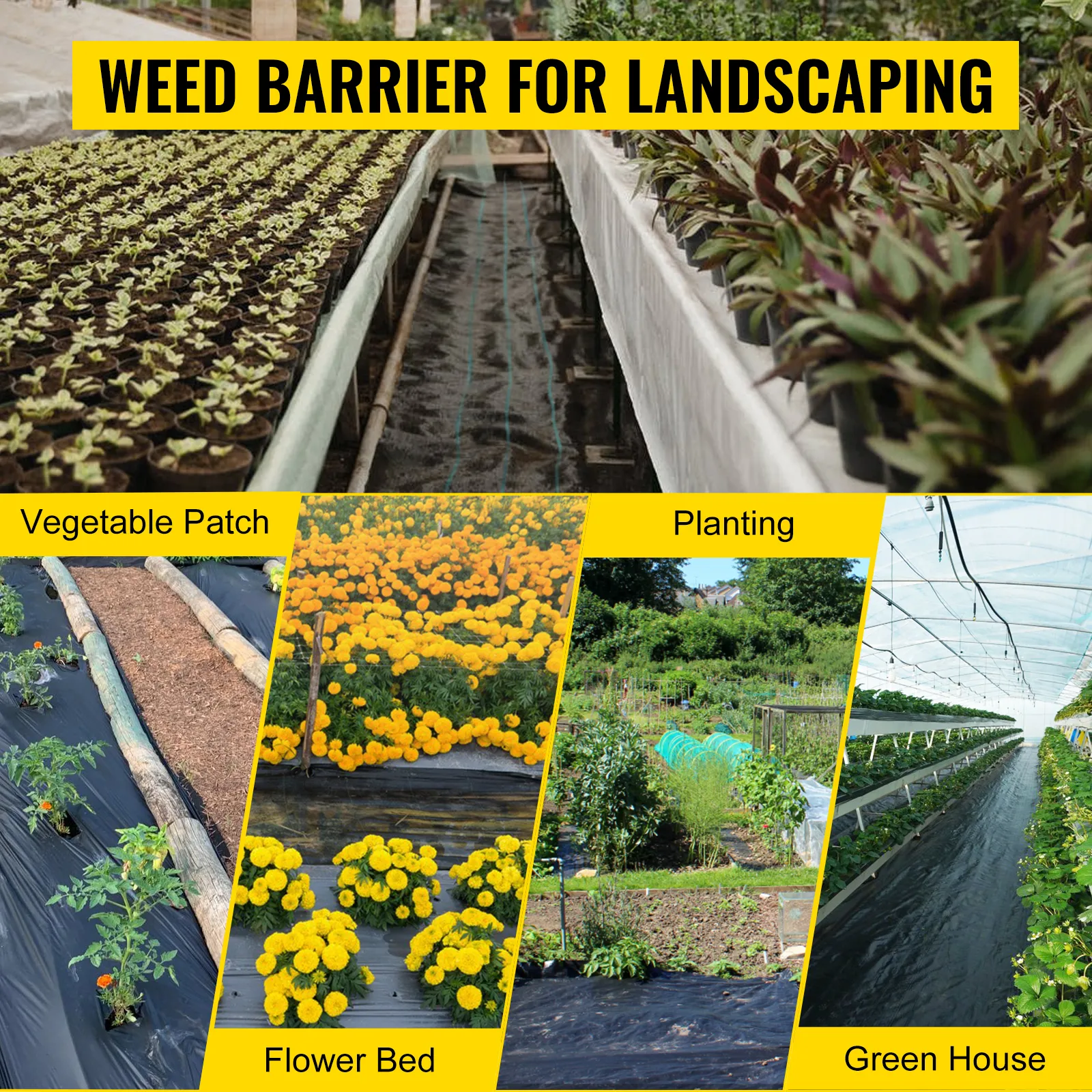 VEVOR geotextile fabric in vegetable patch, flower bed, planting, and greenhouse.