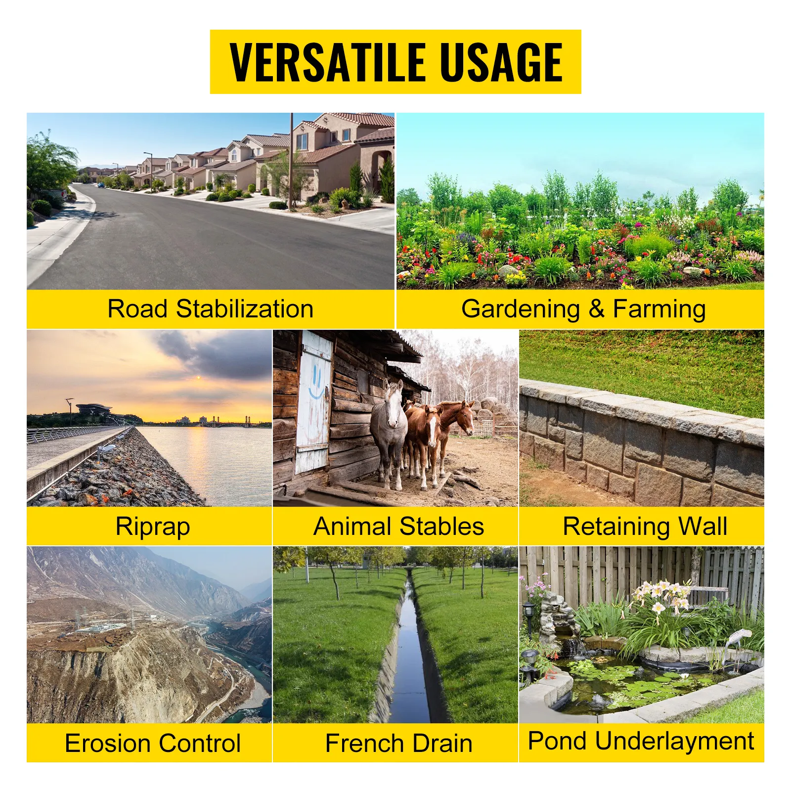 versatile usage of VEVOR geotextile fabric: road stabilization, gardening, erosion control.