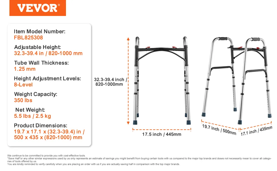 Deambulatore pieghevole VEVOR, altezza regolabile 82-99 cm, regolazione su 8 livelli, capacità di 150 kg, peso leggero 2,5 kg.