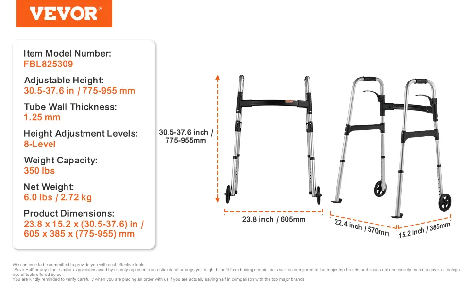 VEVOR folding walker specifications with dimensions and adjustable height, sturdy design for easy mobility.