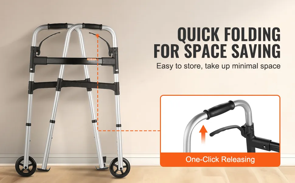 quick-folding VEVOR folding walker with wheels, easy storage, one-click release, space-saving design.