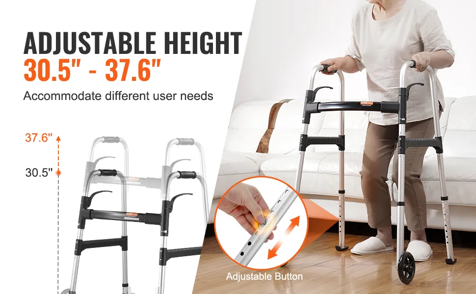 VEVOR folding walker with adjustable height of 30.5" to 37.6", suitable for different user needs.