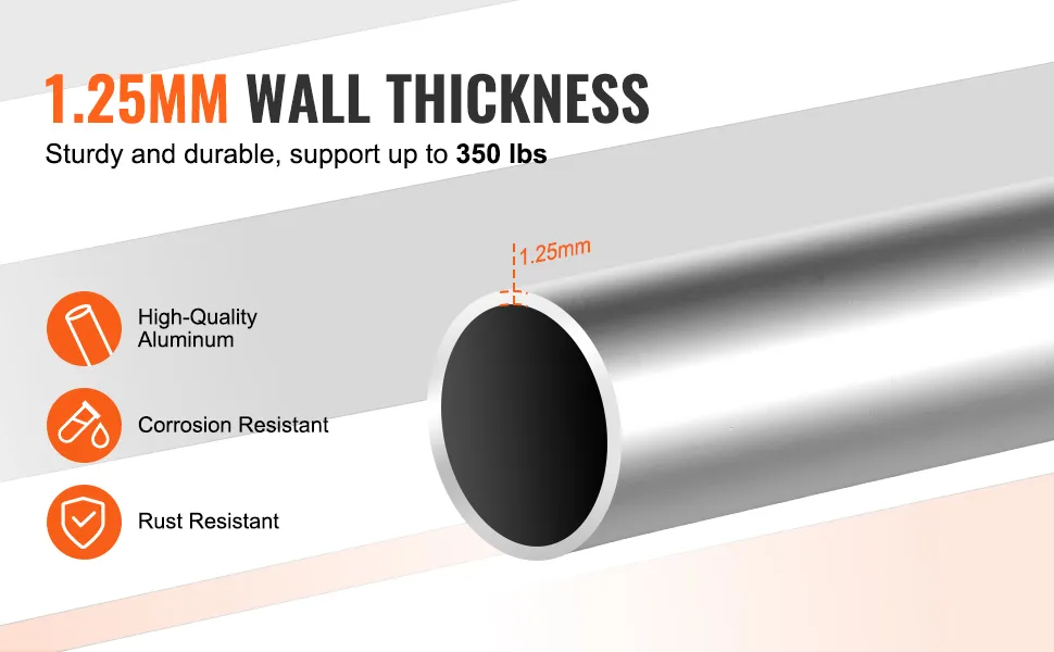 1.25mm thick aluminum VEVOR folding walker tube supports 350 lbs, corrosion and rust-resistant.