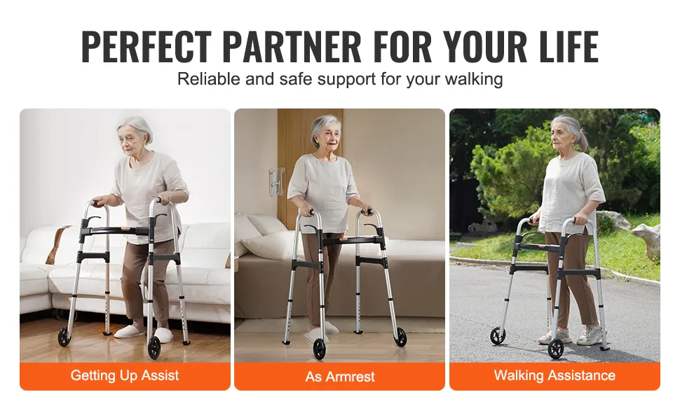 VEVOR folding walker: assist with getting up, armrest support, and walking, both indoors and outdoors.