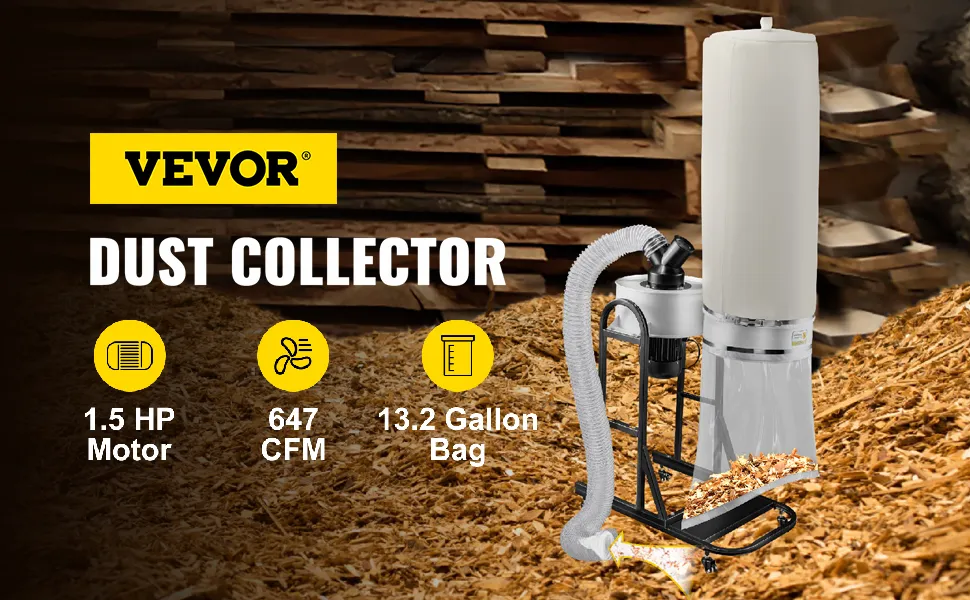 VEVOR dust collector with 1.5 hp motor, 647 cfm, 13.2-gallon bag with wood shavings.