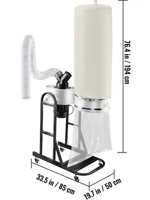 VEVOR dust collector with dimensions 76.4in h, 33.5in w, 19.7in d.