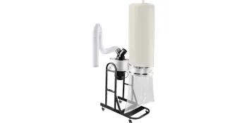 industrial VEVOR dust collector with a large filter bag and flexible hose on a wheeled base.
