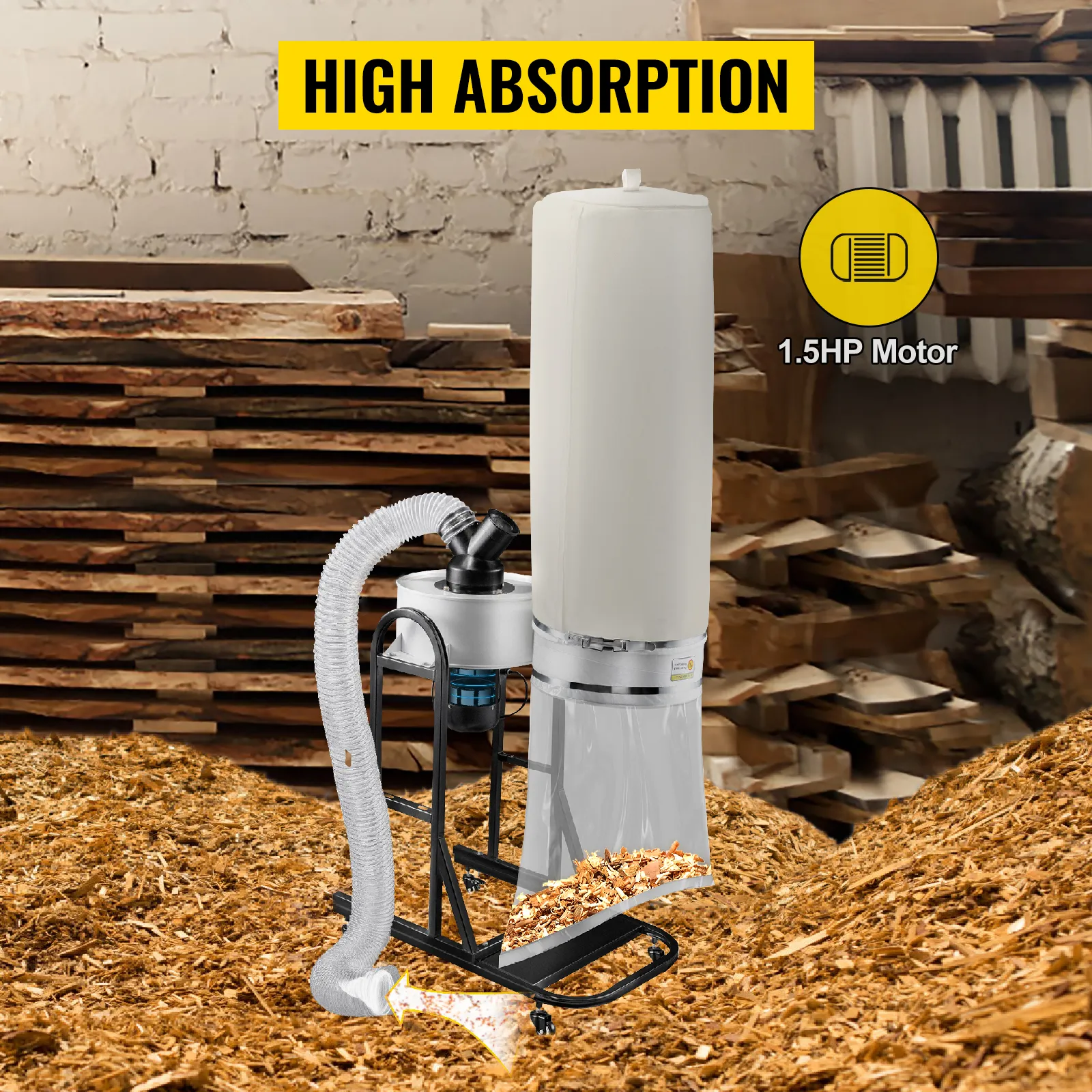 VEVOR dust collector with 1.5hp motor for high absorption in a woodworking shop.