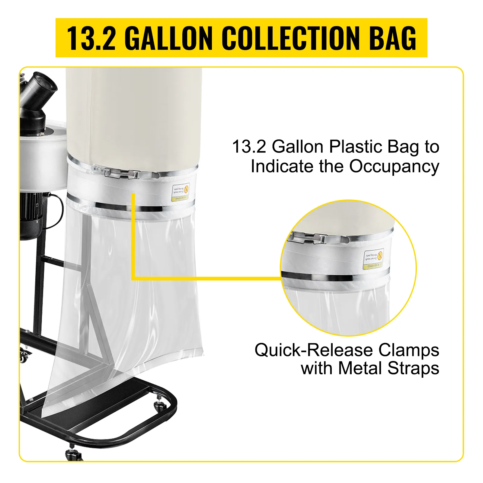 VEVOR dust collector with 13.2 gallon collection bag and quick-release clamps.