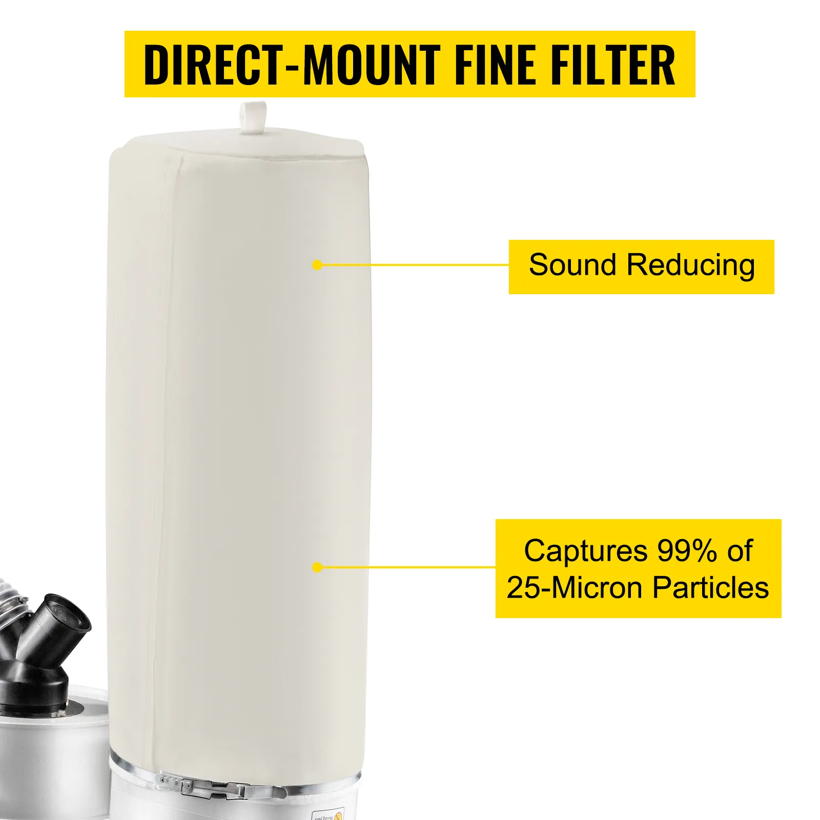 VEVOR dust collector fine filter, sound-reducing, captures 99% of 25-micron particles.