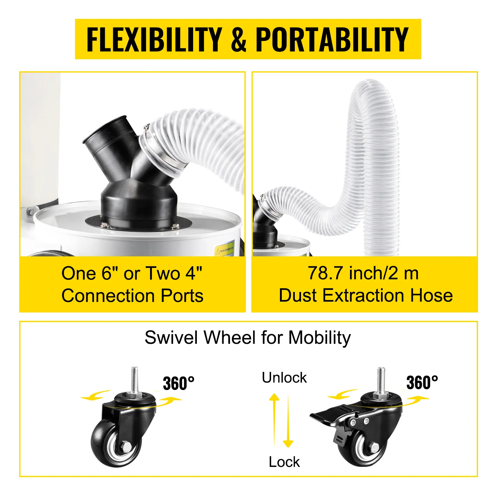 VEVOR dust collector with 6" or 4" ports, 78.7" hose, and 360° swivel wheels.