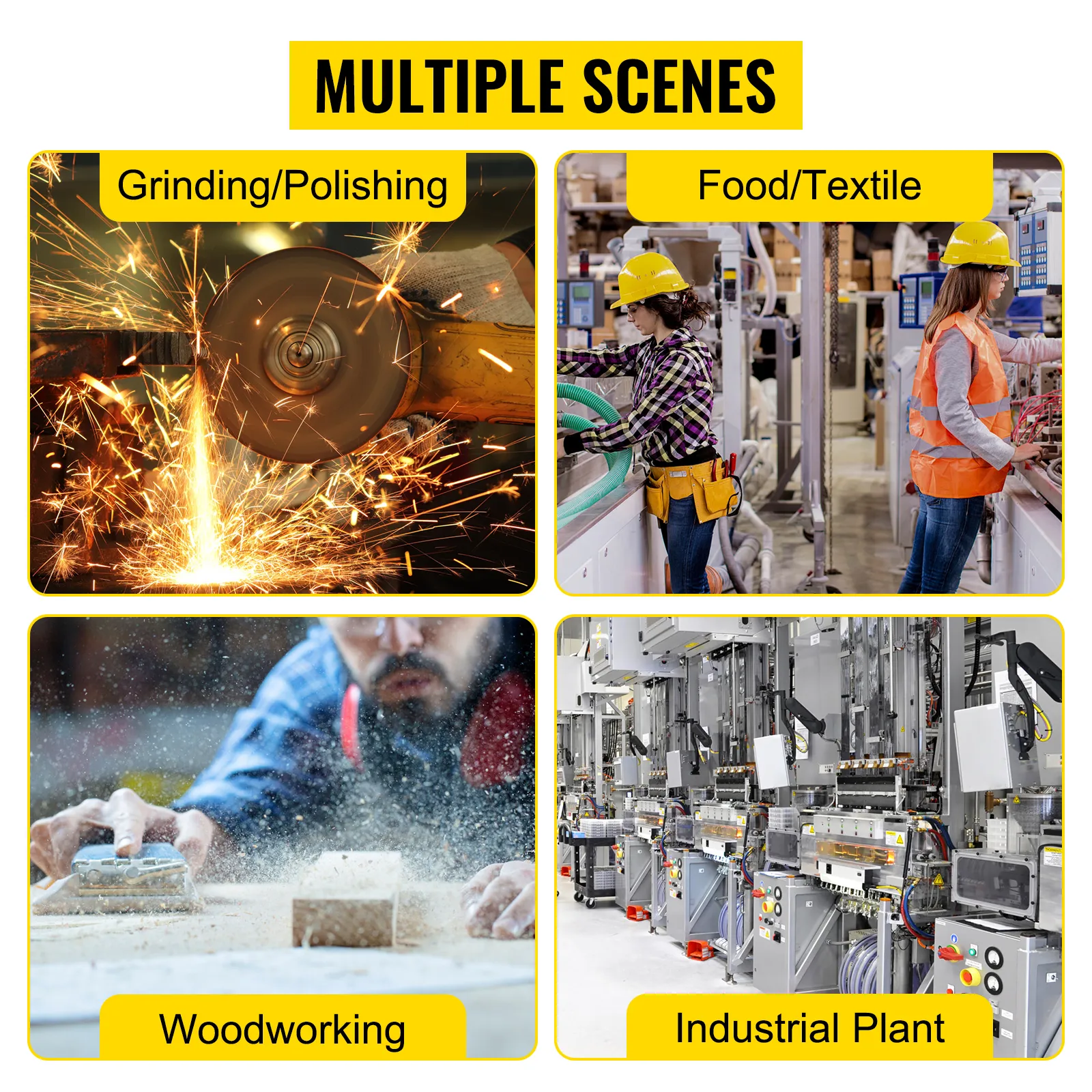 VEVOR dust collector in multiple scenes: grinding, textile, woodworking, industrial plant.