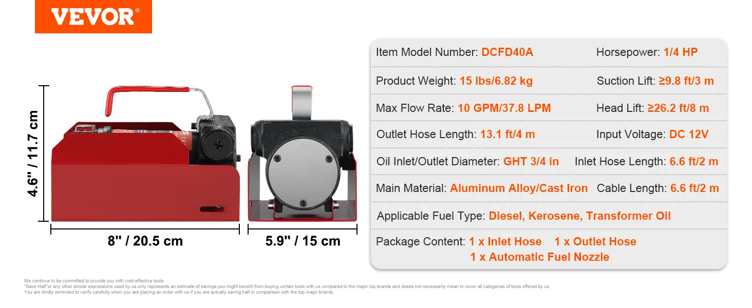 Bomba de transferencia de combustible diésel VEVOR - dcfd40a, 12v, 1/4 hp, 10 gpm, aleación de aluminio, uso diésel/queroseno.